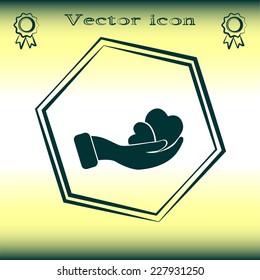 Vector illustration heart on hand, vector icon 