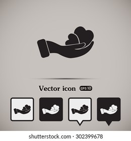 Vector illustration heart on hand, vector icon