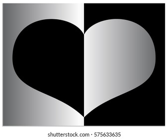 Vector illustration of heart, one half of which is created using the negative space and the other is created from a positive space. Silver gradient on a black background.