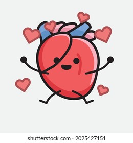 Vector Illustration of Heart Organ Character with cute face and simple body line drawing on isolated background