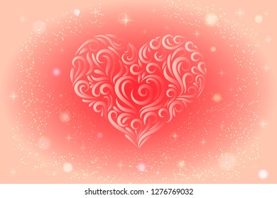 Vector illustration of a heart from an ornament for your design. Happy Valentine's Day. Valentine card. Lace for wedding invitations, cards, valentines. Vintage heart shape decor. Pink and gold colors