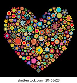 Vector illustration of heart  pattern made up of flower shapeson the black  background. Good  for Valentine Cards.