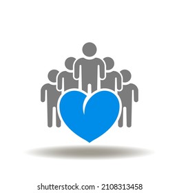 Vector Illustration Of Heart With People Group. Icon Of Corporate Social Responsibility. Symbol Of Kindness, Charity, Friendliness.