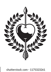 Vector illustration of heart pierced by arrow with laurel wreath.
Tattoo style drawing of love symbol featuring heart with cupid’s arrow through it.
