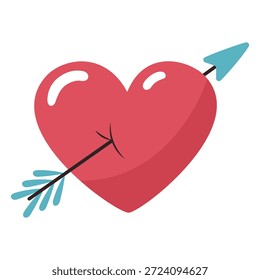 Ilustración vectorial de un corazón atravesado por una flecha. Diseño plano que simboliza el amor y la pasión, para el día de San Valentín, tarjetas de felicitación y conceptos de relación romántica, aislados sobre fondo blanco.