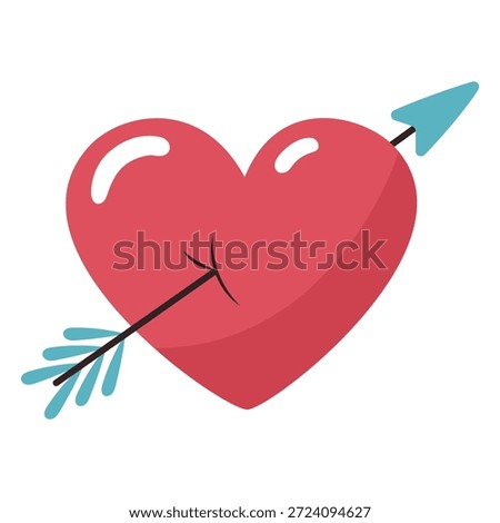 Vector illustration of a heart pierced by an arrow. Flat design symbolizing love and passion, for Valentines Day, greeting cards and romantic relationship concepts, isolated on white background.