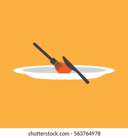 vector illustration of a heart in a plate with fork and spoon. Feb 14 / Valentine's day eating concept. Eating love idea.