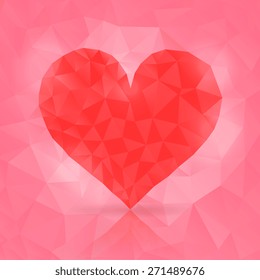 Vector illustration heart of polygons on a pink background. Origami poly . Triangles  isolated.