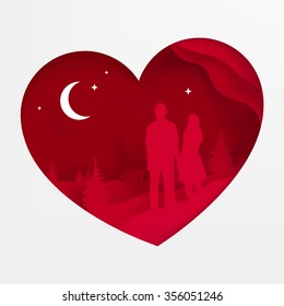Vector illustration a heart. Postcard on Valentine's Day. Silhouette of loving couples. EPS 10