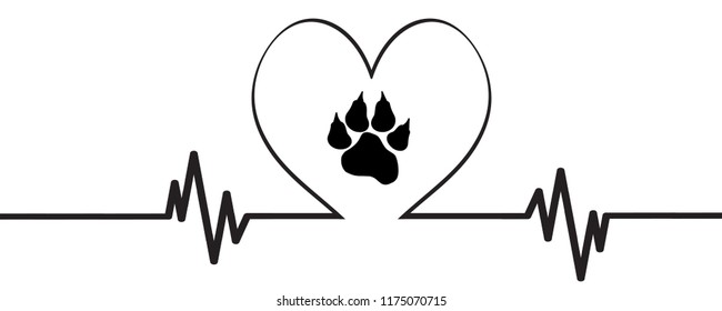 Vector illustration of heart pulse with heart and dogs paw on a white background.
