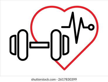 Vector illustration of heart with pulse and dumbbell Red and Black - Healthy heart sign - Heart, pulse and dumbbell - Fitness - Bodybuilding