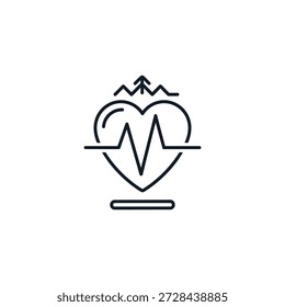 Ilustração vetorial de um coração com uma linha de pulso e fundo de montanha, representando saúde e bem-estar.