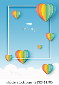 vector illustration with heart rainbow made origami float over blue sky, Paper art style Vector symbols of holiday season.