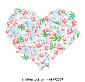 Vector illustration of a heart of red and blue flowers