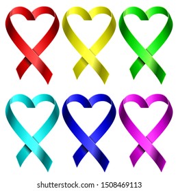 Vector illustration. Heart ribbon laces in six different colors.