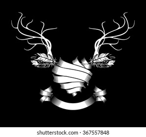 vector illustration heart rolled ribbons decorated with antlers and feathers