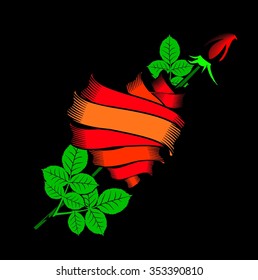 vector illustration heart of rolled strips punctured by rose on a black background