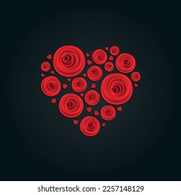 Vector illustration of heart of roses, red roses, symbol of love, romance, love, Mother's Day, Valentine's Day, March 8, Women's Day, 3D effect.