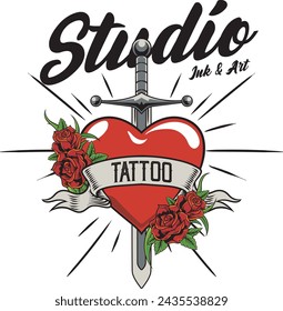 Vector Illustration of Heart, Roses and Sword with Vintage Hand Drawing Style Available for Logo Badge