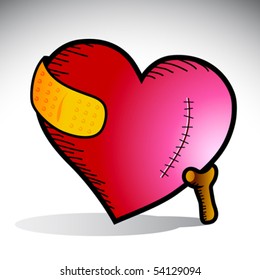 Vector illustration of a heart with scar and yellow bandage supported by a cane