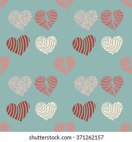 Vector illustration of the heart seamless pattern on the blue background.