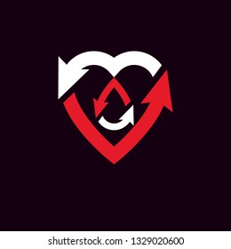 Vector illustration of heart shape with arrows and drops of blood. Blood circulation concept, rehabilitation creative symbol isolated on white.