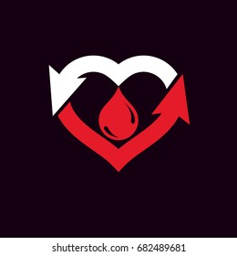 Vector illustration of heart shape with arrows and drops of blood. Cardiovascular illness treatment concept for use as cardio center emblem.