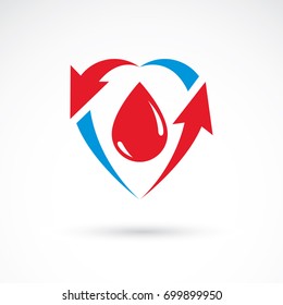 Vector illustration of heart shape with arrows and drops of blood. Cardiovascular illness treatment concept for use as cardio center emblem.