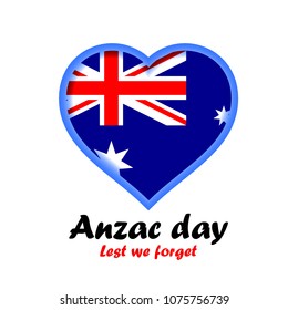 Vector illustration of heart shape with Australia flag. Remembrance day symbol. Lest we forget lettering. Anzac day lettering.