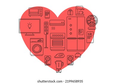 Vektorgrafik von Herzform mit schwarz farbigem Gerät auf rotem Hintergrund. Line Art Design Home Appliance Sammlung für Web, Website, Banner, Print, Poster
