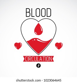 Vector illustration of heart shape and blood drop. Blood circulation conceptual emblem.