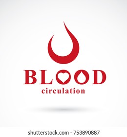 Vector illustration of heart shape and blood drop. Blood circulation conceptual emblem.