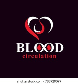 Vector illustration of heart shape and blood drop. Blood circulation conceptual emblem.