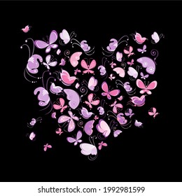 an  vector  illustration heart shape of butterfly on black background