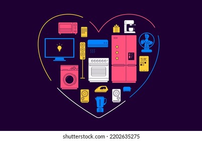 Vector illustration of heart shape with color different appliance on dark background. Line art style design home appliance collection for web, site, banner, print, poster