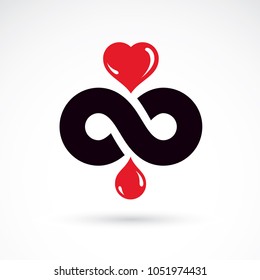 Vector illustration of heart shape, drops of blood and symbol of limitless. Healthcare and medical treatment conceptual logo for use in medical care advertisement.