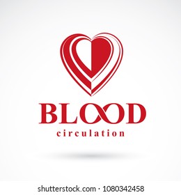 Vector illustration of heart shape and drops of blood. Hematology theme symbol for use in pharmacology.