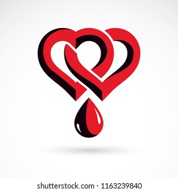 Vector illustration of heart shape and drops of blood. Cardiovascular system diseases remedy conceptual symbol for use in pharmacy.