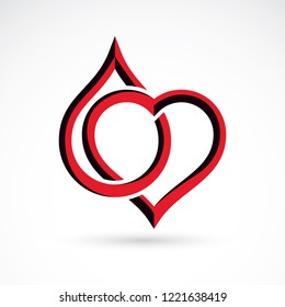 Vector illustration of heart shape and drops of blood. Cardiovascular system diseases remedy conceptual symbol for use in pharmacy.
