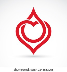 Vector illustration of heart shape and drops of blood. Cardiovascular system diseases remedy conceptual symbol for use in pharmacy.