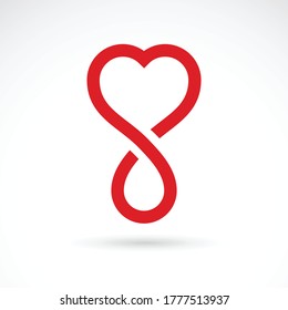 Ilustración vectorial de la forma cardíaca, gotas de sangre y símbolo de ilimitado. Logotipo conceptual de atención médica y tratamiento médico para uso en publicidad de atención médica.