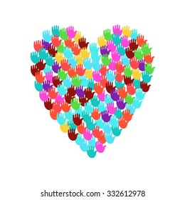 Vector illustration of a heart shape filled with colorful hand prints. Multiple open palms make a concept of vote, election, human rights, union, charity, donation, cooperation, global community, help