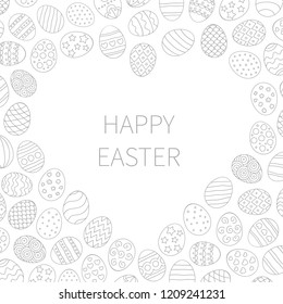 Vector illustration: heart shape frame with black egg icons with ornament for Easter holidays design party: greeting card, posters, postcard, wrapping paper, scrapbooking isolated on white background.