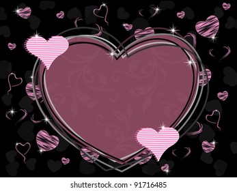 Ilustración vectorial de un marco de forma cardíaca con un trabajo floral sin fisuras y forma brillante de corazón con textura sobre fondo negro para el Día de San Valentín.