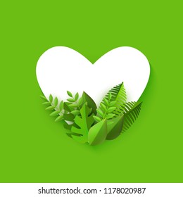 Vector illustration of heart shape with fresh leaves and copy space isolated on green background - floral decorative element with tropical plant foliage for seasonal design.