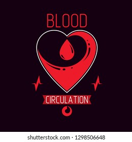 Vector illustration of heart shape full of red blood. Cardiology conceptual emblem made with pulsating electrocardiogram. Cardiology diagnosis clinic emblem.