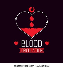Vector illustration of heart shape full of blood composed with arrows. Cardiovascular system diseases prevention conceptual emblem for use in pharmacy.
