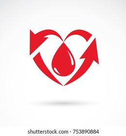 Vector illustration of heart shape full of blood composed with arrows. Cardiovascular system diseases prevention conceptual emblem for use in pharmacy.