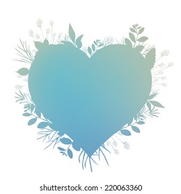 Vector illustration of heart shape made up a lot of green small flowers and leaf on the white background