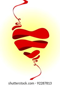 Vector illustration of heart shape made with red ribbon on yellow and white background for Valentines Day and other occasions.